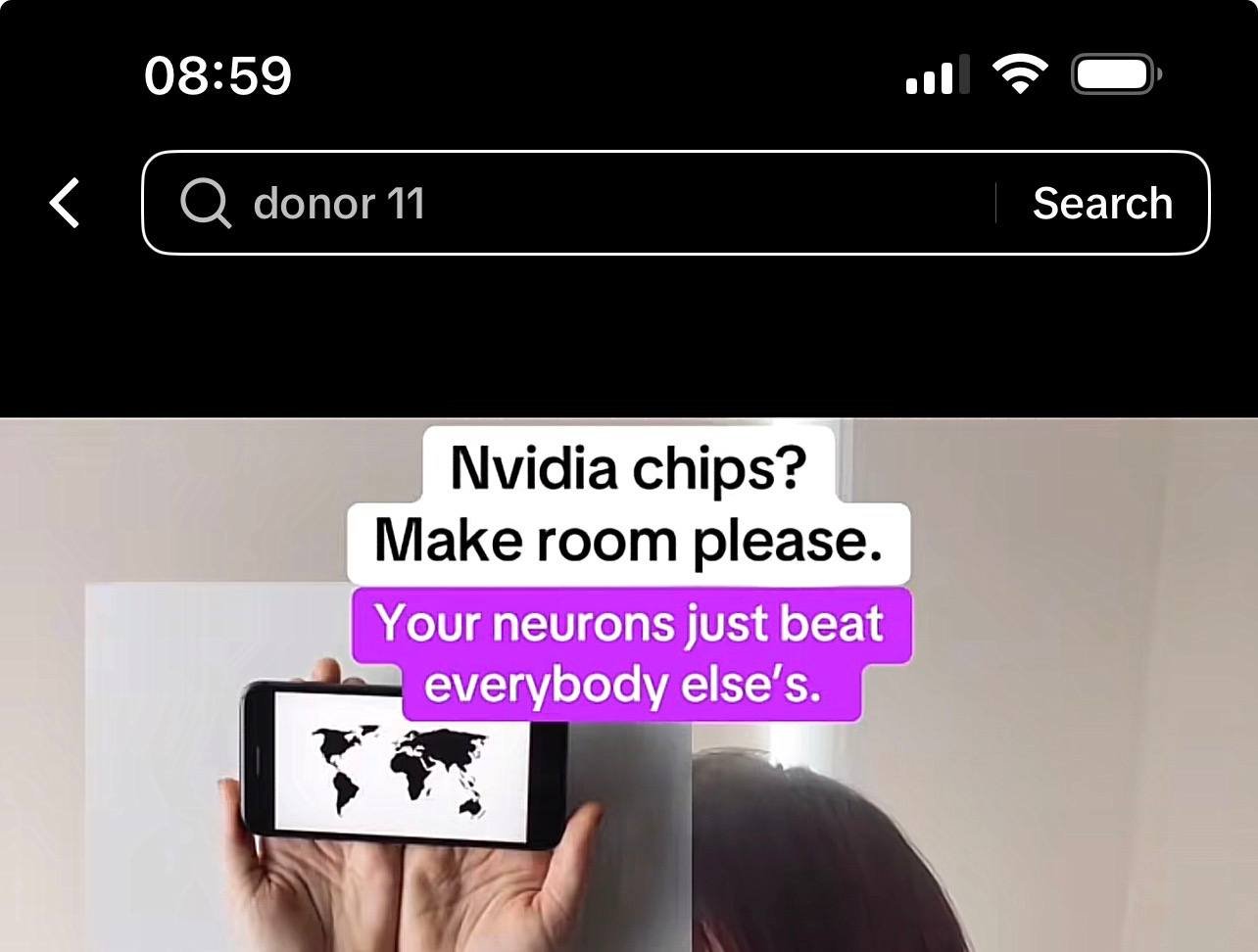 TikTok search for donor 11 surfacing an original biological-computing video.