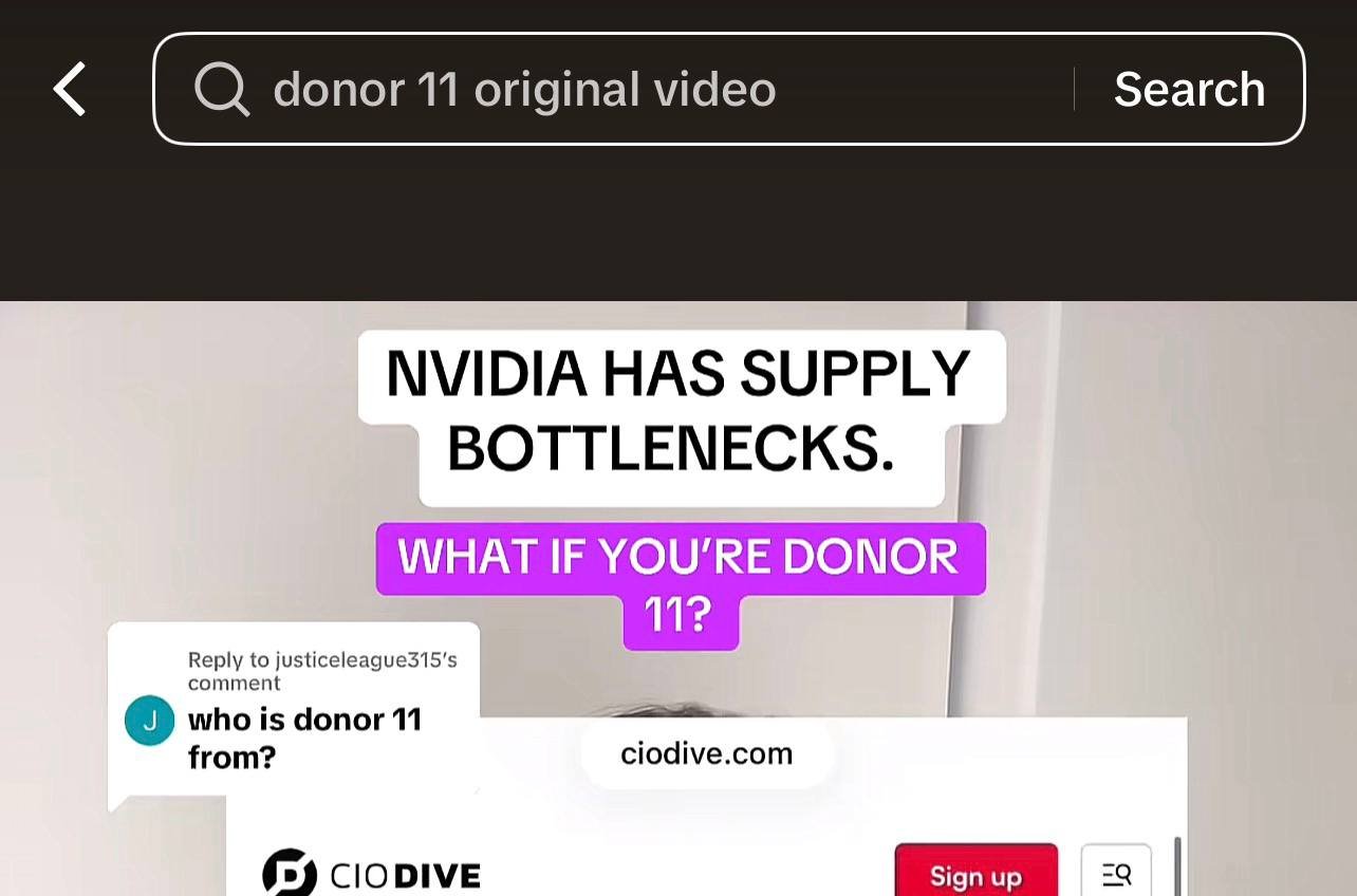 TikTok search for donor 11 original video surfacing an original Donor 11 biological-computing video.