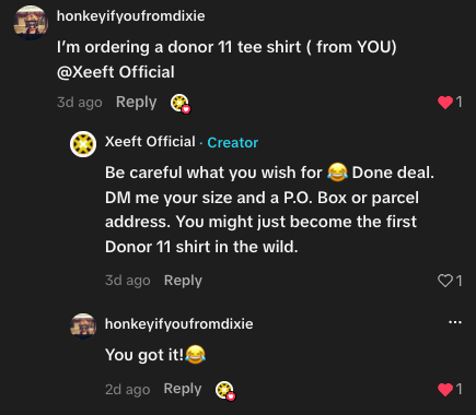 Screenshot of the first public request for a Donor 11 T-shirt from Xeeft.